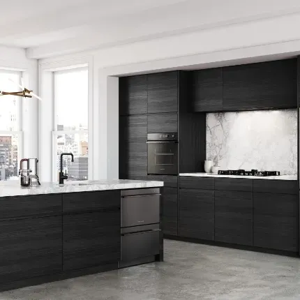 open concept kitchen with dark wood cabintry